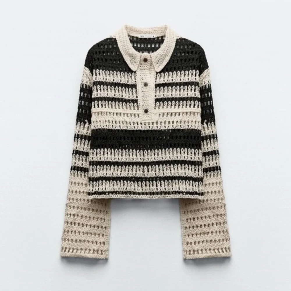 Zara Crochet Open Knit Striped Collared Henley Top In Black/Ivory